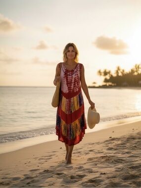 Shoreline tie-dye embroidery sleeveless Aline sundress coverup one size fit most